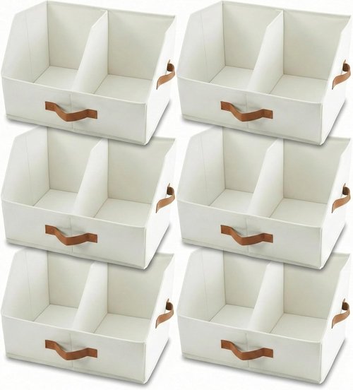**UPGRADED HEIGHT Trapezoid Storage Bins by Closet Organizers - Collapsible Fabric Bins with Handles & Adjustable Dividers (6pcs, Medium, Ivory)**