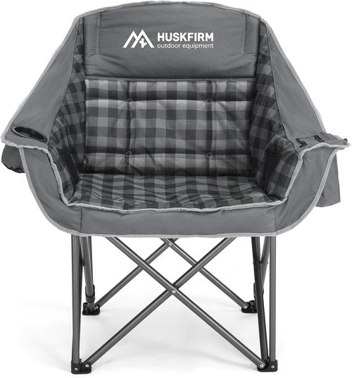 Huskfirm Oversized Camping Chair - Heavy-Duty Padded Design with Cup Holder & Cooler Bag | Supports 450lbs, Grey