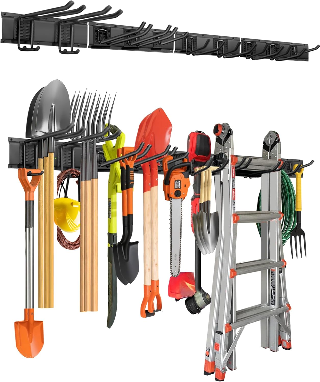 PIYILO Garage Tool Organizer - Heavy Duty Wall Mount Rack with 10 Hooks for Lawn Tools | 64 Inches