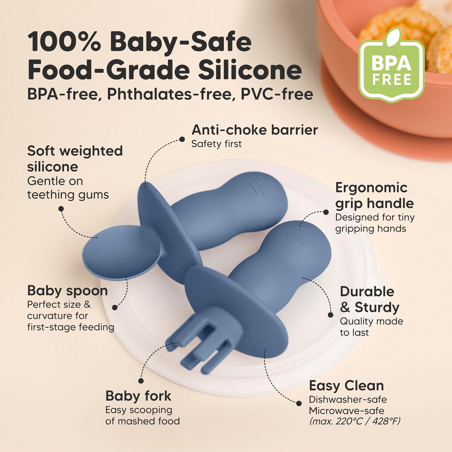 KeaBabies Silicone Baby Spoons & Forks Set - 4-Pack Utensils for Baby Led Weaning, BPA-Free (Slate)