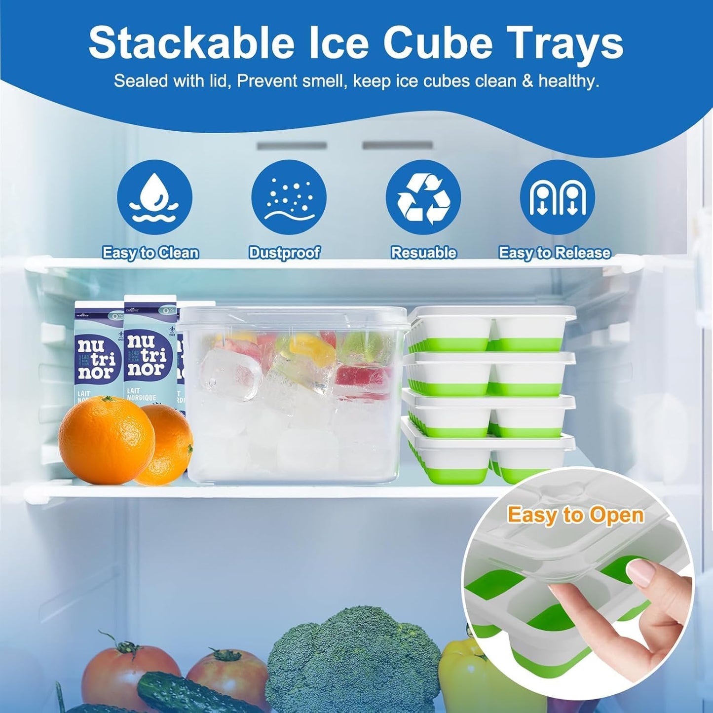 Skiennix Silicone Ice Cube Tray - Easy-Release Stackable Design | BPA-Free, Odor-Free, 4-Pack (56 Cubes)