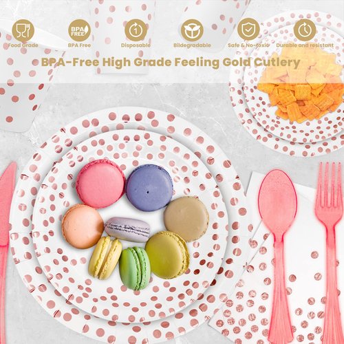 AIRE 175PCS White and Rose Gold Paper Plates Party Supplies for 25 Guests Party Decorations Dinnerware Rose Golden Dot Paper Plates Napkins Cups Gold Plastic Forks Knives Spoons for Wedding Birthday