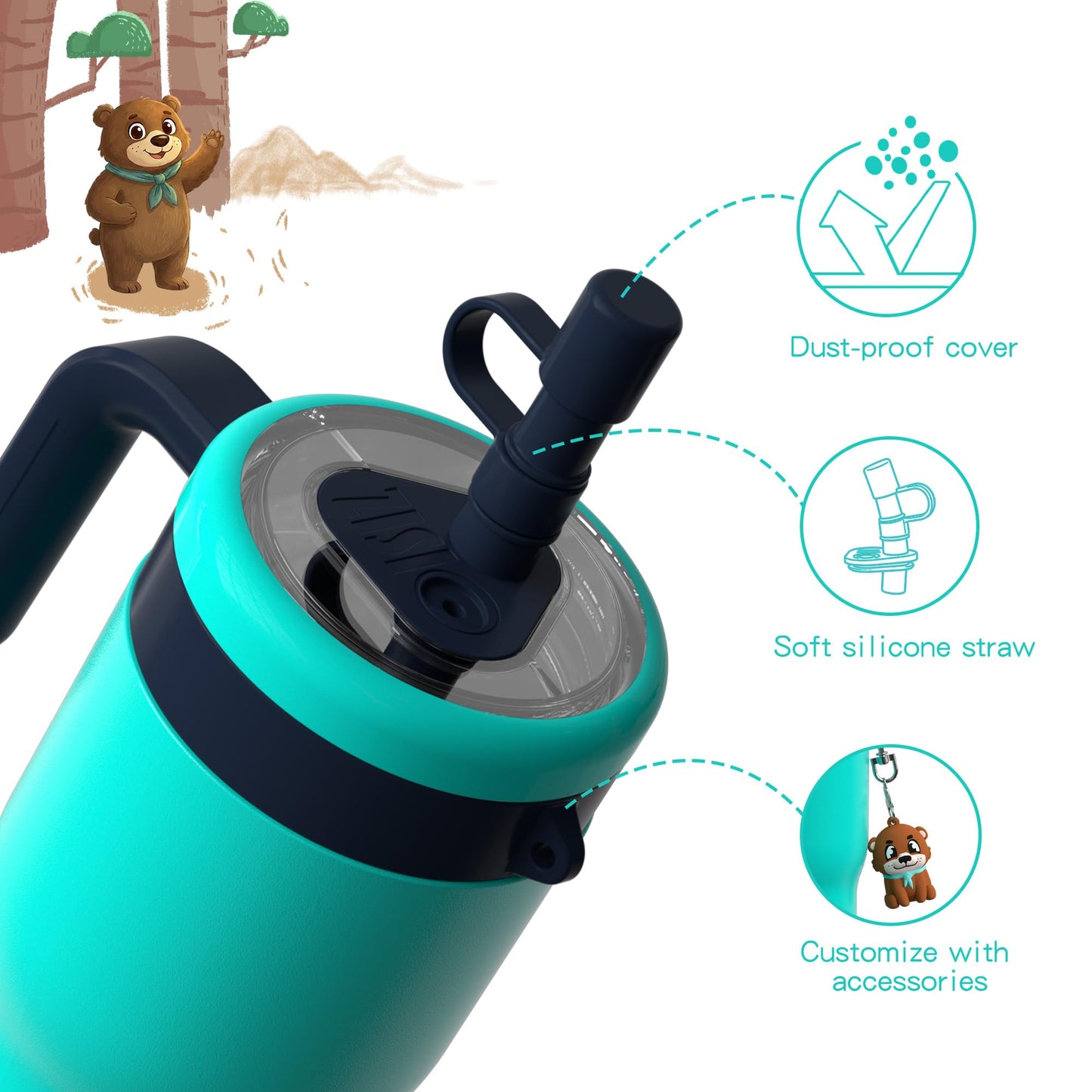OISIZ 14oz Kids Tumbler with Straw Lid & Handle,Kids Cup with Animal Accessory for School,Kids Water Bottles with Dust-proof Cover,Leakproof Bottles,316 Stainless Steel,Keep Cold 24 Hours-dark green