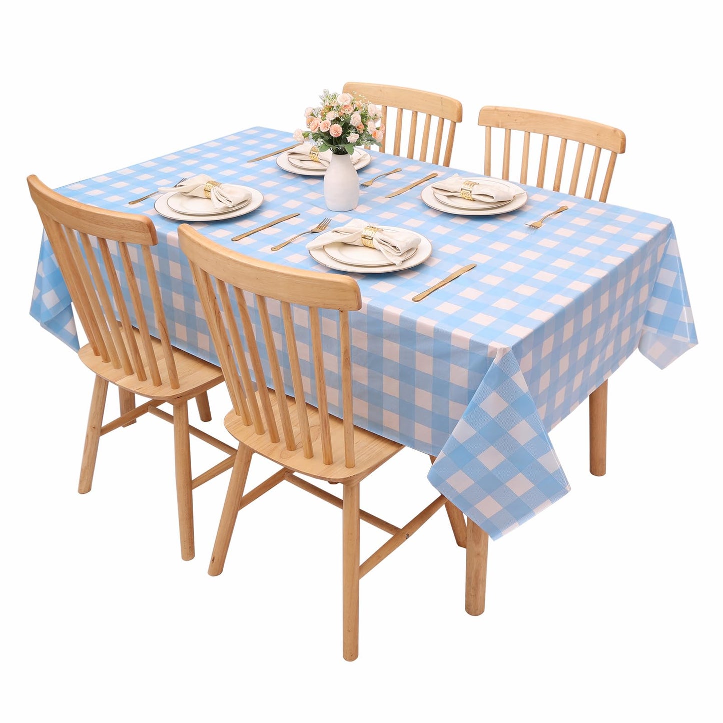 Kesfey 9 Packs Light Blue Gingham Tablecloth Pale Blue and White Checkered Tablecloths 54 x 108 Inches Disposable Plastic Gingham Tablecovers Waterproof Rectangle Picnic Table Cover for Birthday Party