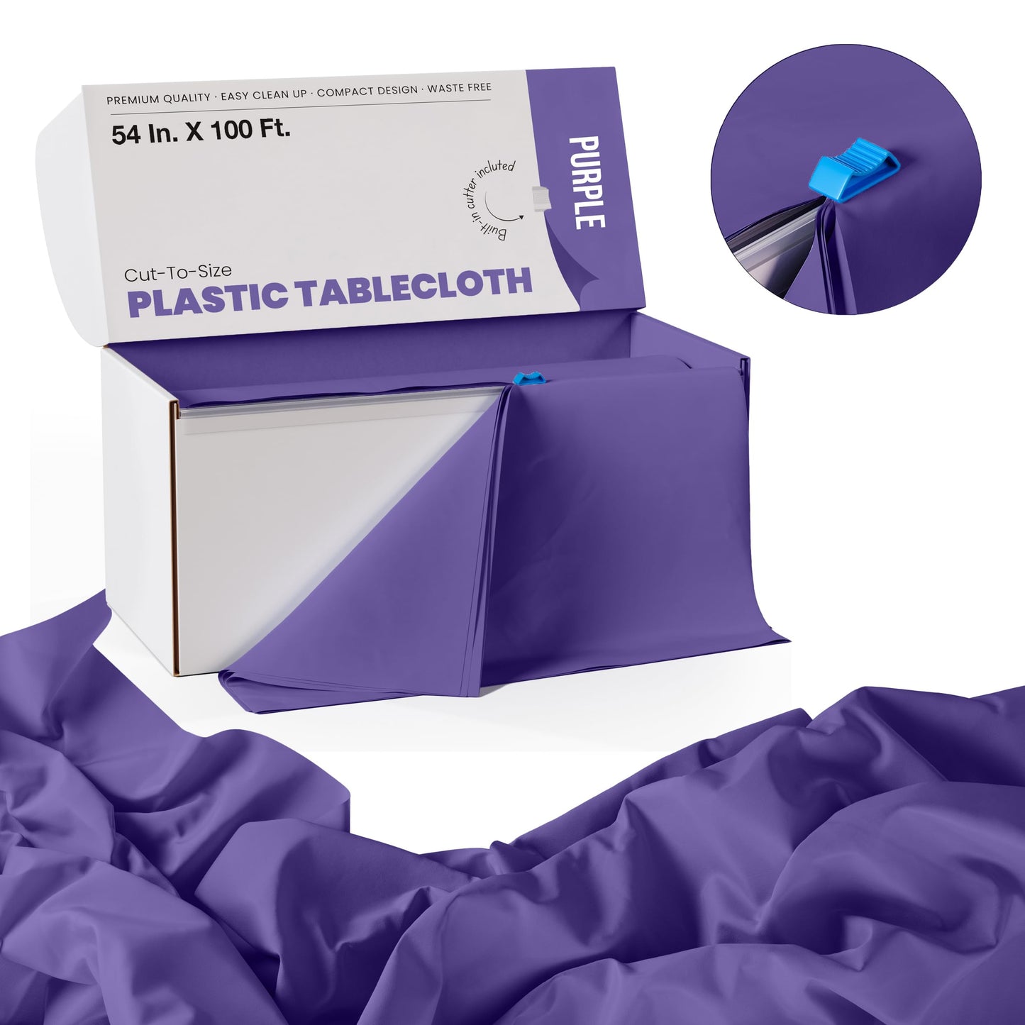 Party Solids 54 Inch X 100 Feet Purple Plastic Table Cover Roll in A Cut - to - Size Box with Convenient Slide Cutter. Cuts Up to 12 Rectangle 8 Feet Plastic Disposable Tablecloths
