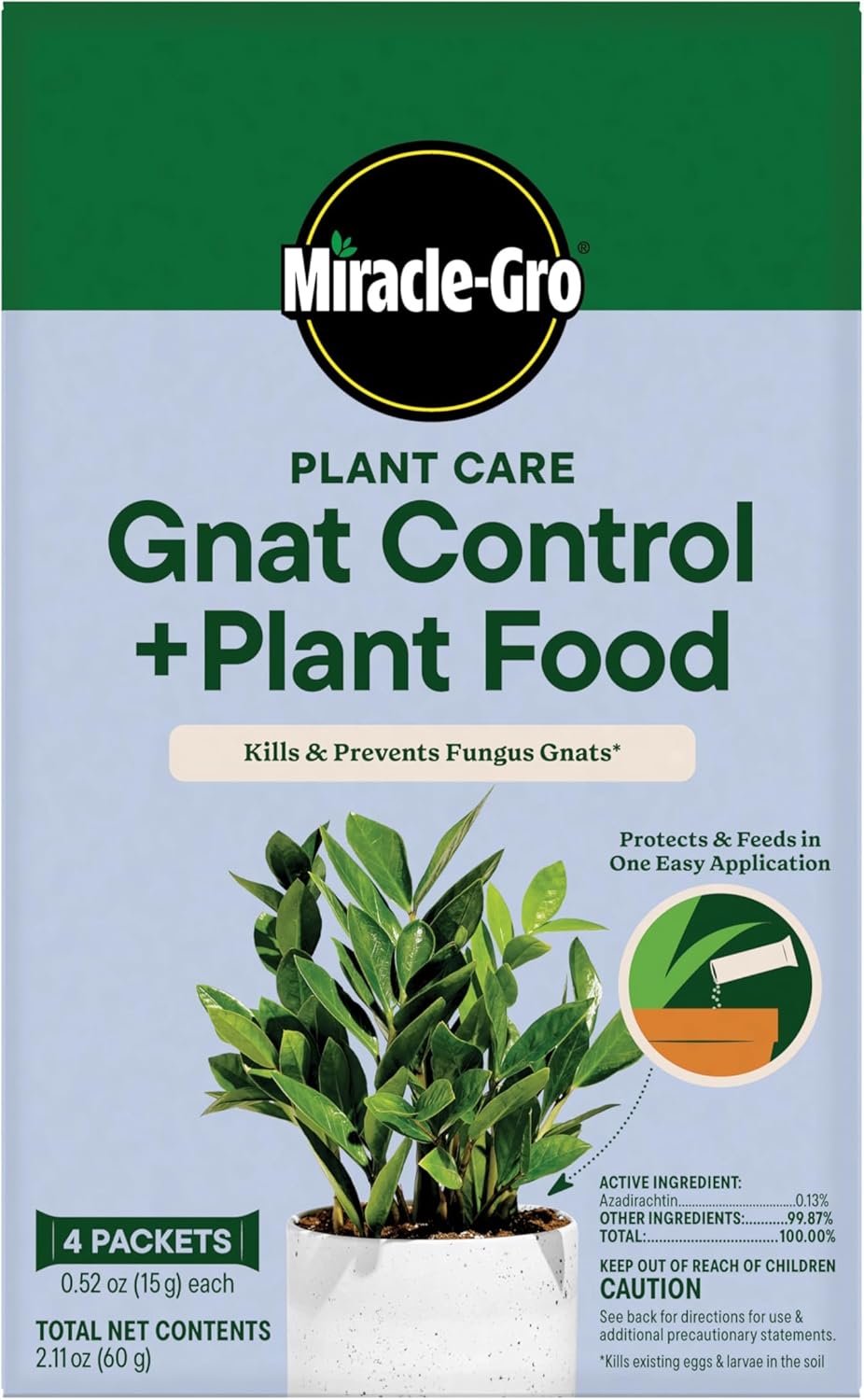Miracle-Gro Gnat Control Plus Plant Food - Effective Indoor & Outdoor Plant Care | 4 Packets
