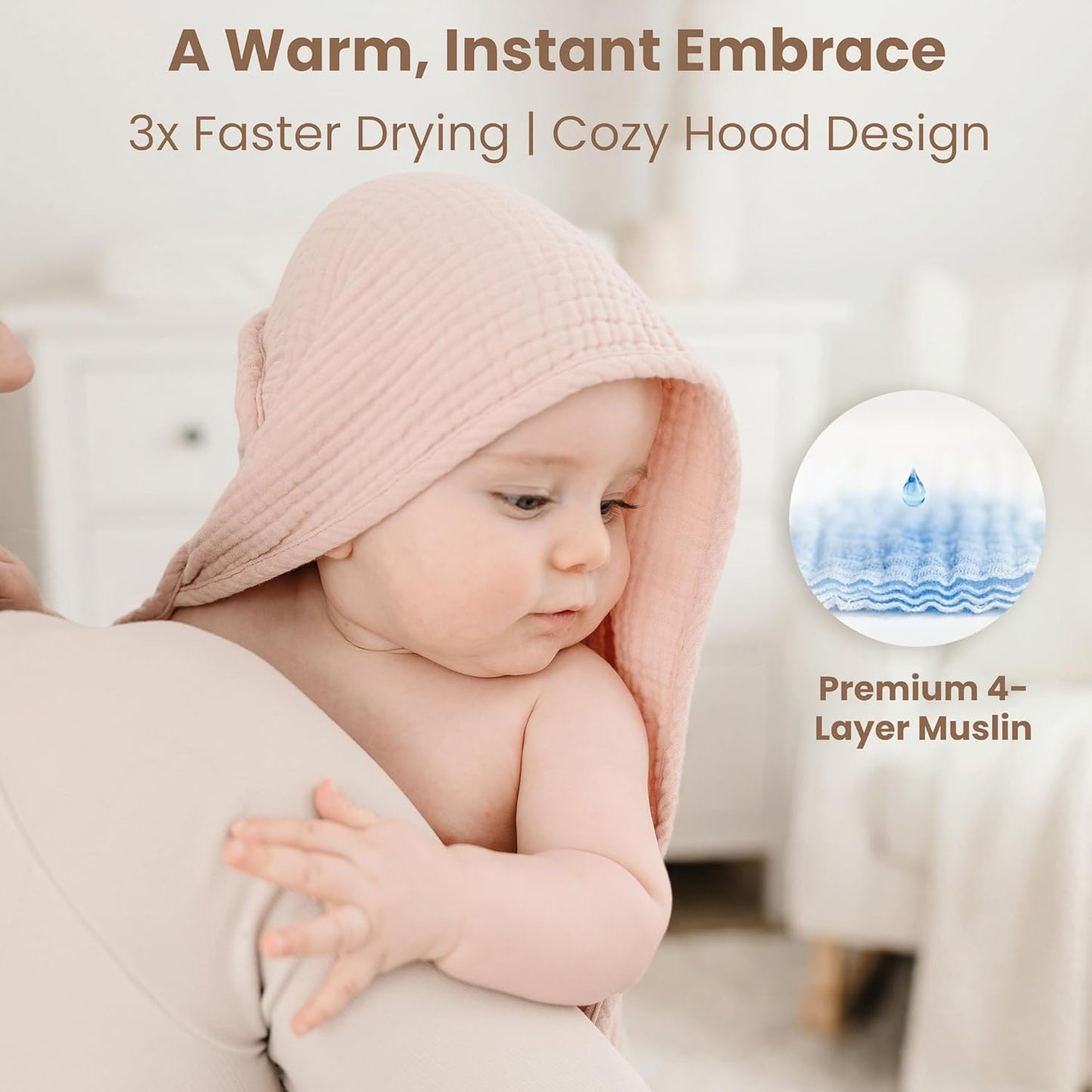 Konssy 2-Pack Muslin Hooded Baby Towels - Ultra-Soft & Absorbent Cotton Bath Towels for Newborns (Pink Floral, 32" x 32")