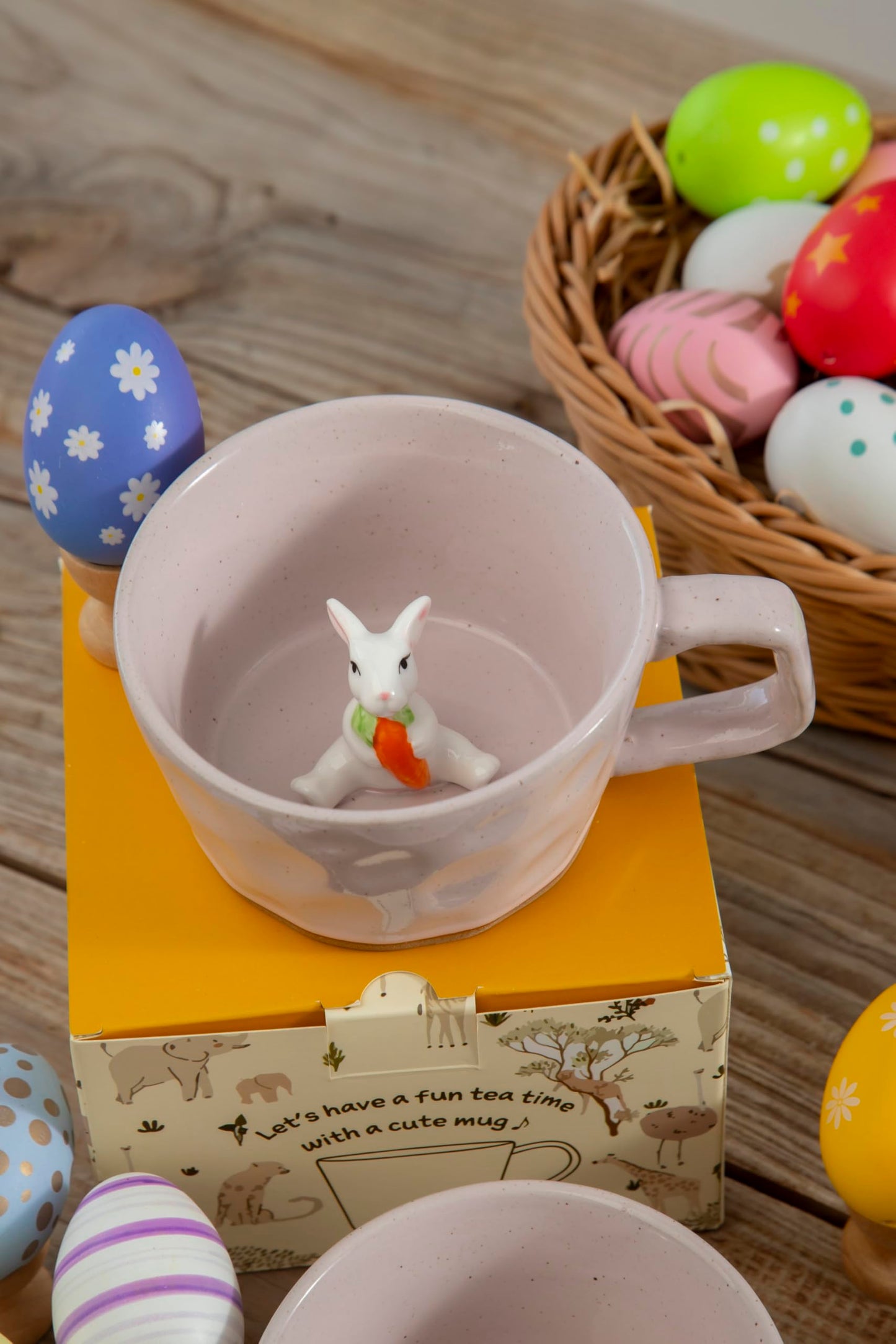 DIHOclub Farmhouse Ceramic Coffee Mug with Rabbit Figurine – Rustic Stoneware Cup, Matte Finish, Ideal for Breakfast & Home Decor (Pink Rabbit)