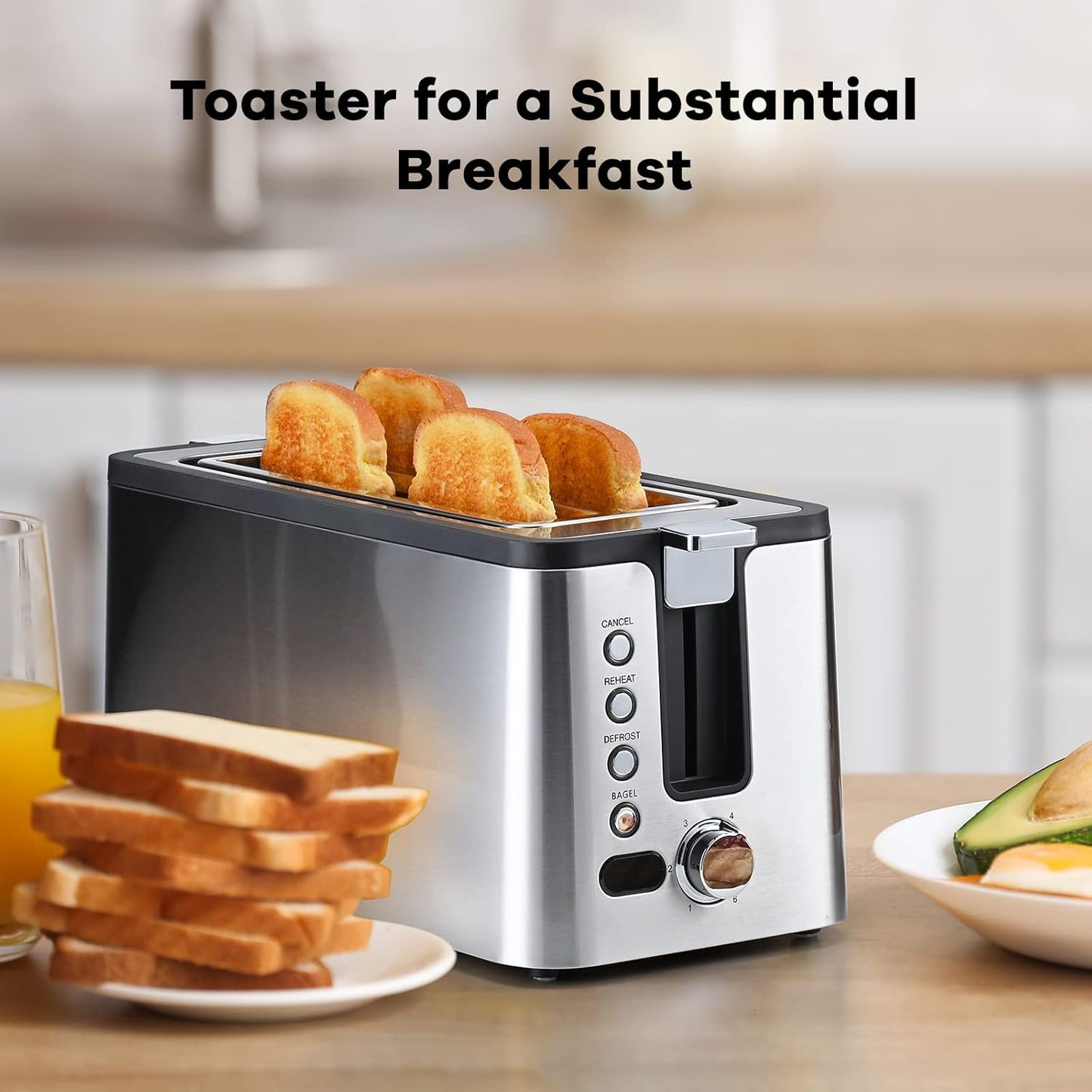 Mecity 4-Slice Toaster - Long Slot Design with Countdown Timer & 6 Browning Settings | Stainless Steel