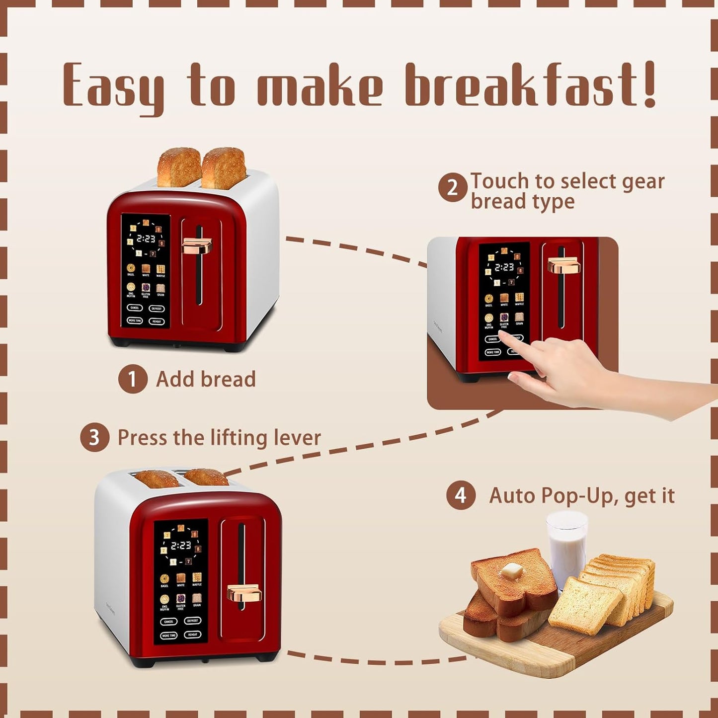 SEEDEEM 2-Slice Toaster - Touch Screen, Fast Heating, 7 Shade Settings, 1.5” Wide Slots, Dark Cherry