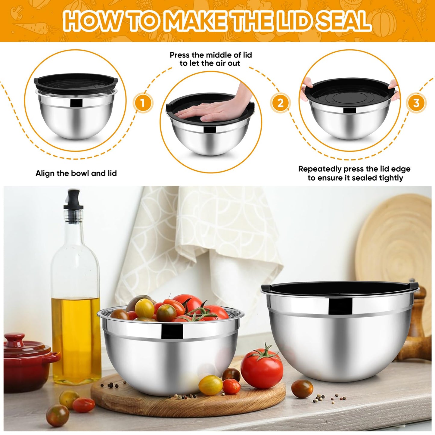 TeamFar Mixing Bowl Set of 5, 4.5/3/1.5/1/0.7 QT, Stainless Steel Metal Nesting Salad Bowl with Lid Set, Ideal for Mixing Serving, Non-Toxic & Sturdy, Airtight Lid & Easy Clean, Black