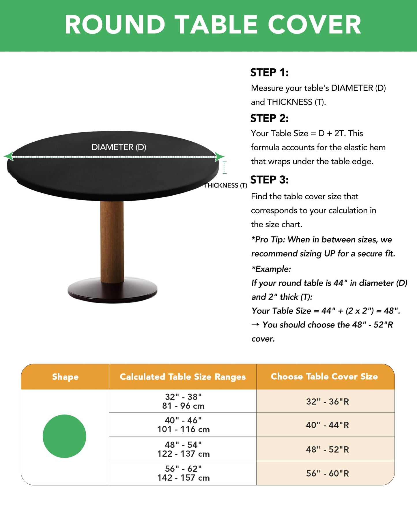 KeyWave Round Fitted Table Covers - 40-44 Inch Spandex Water-Resistant Tablecloth with Elastic, 2 Pack Circle Table Cloths for Kitchen Dining Room, Black