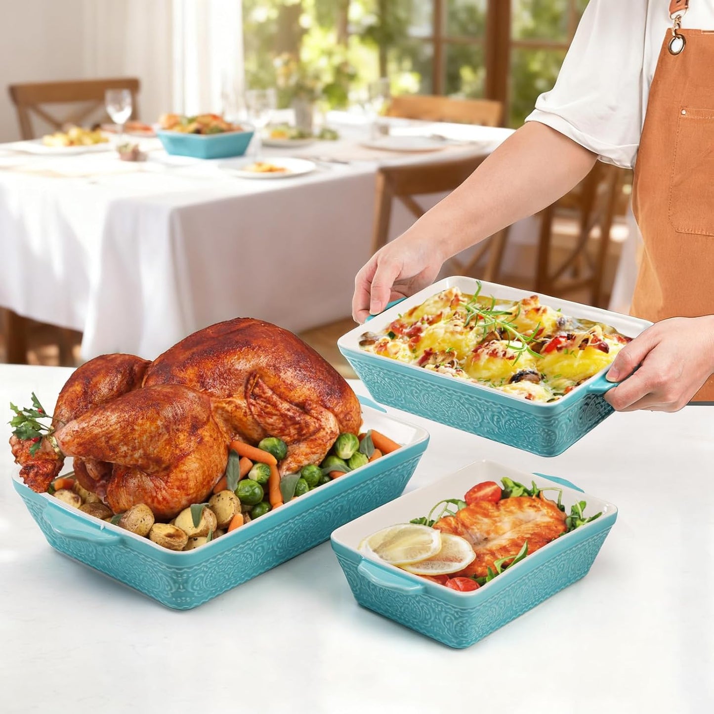 SOUJOY Ceramic Baking Dish Set - Non-Stick Rectangular Casserole Dishes with Sturdy Handles | Turquoise, Set of 3