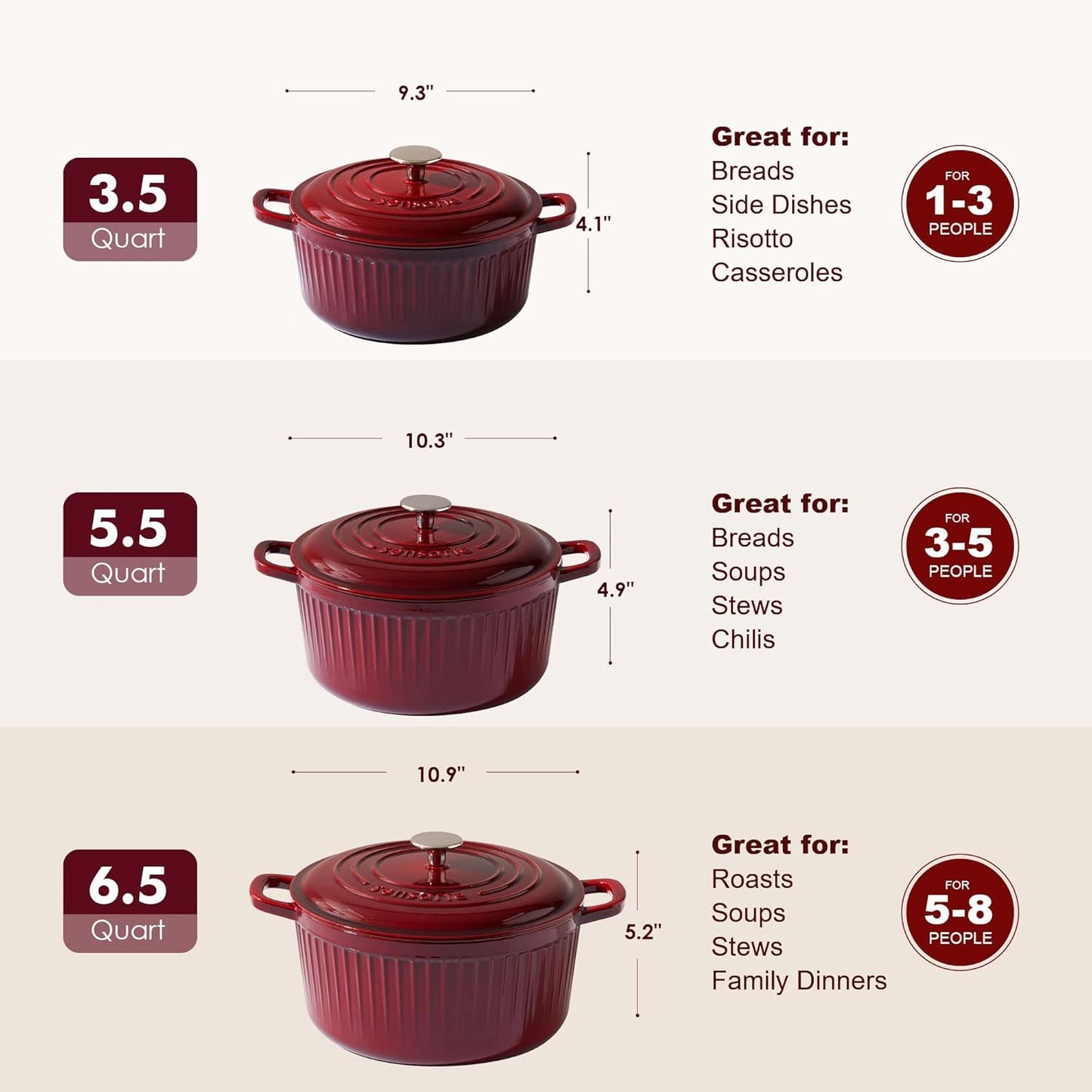 SENSARTE Enameled Cast Iron Dutch Oven - 3.5 Quart Heavy-Duty Pot with Lid & Accessories | Red
