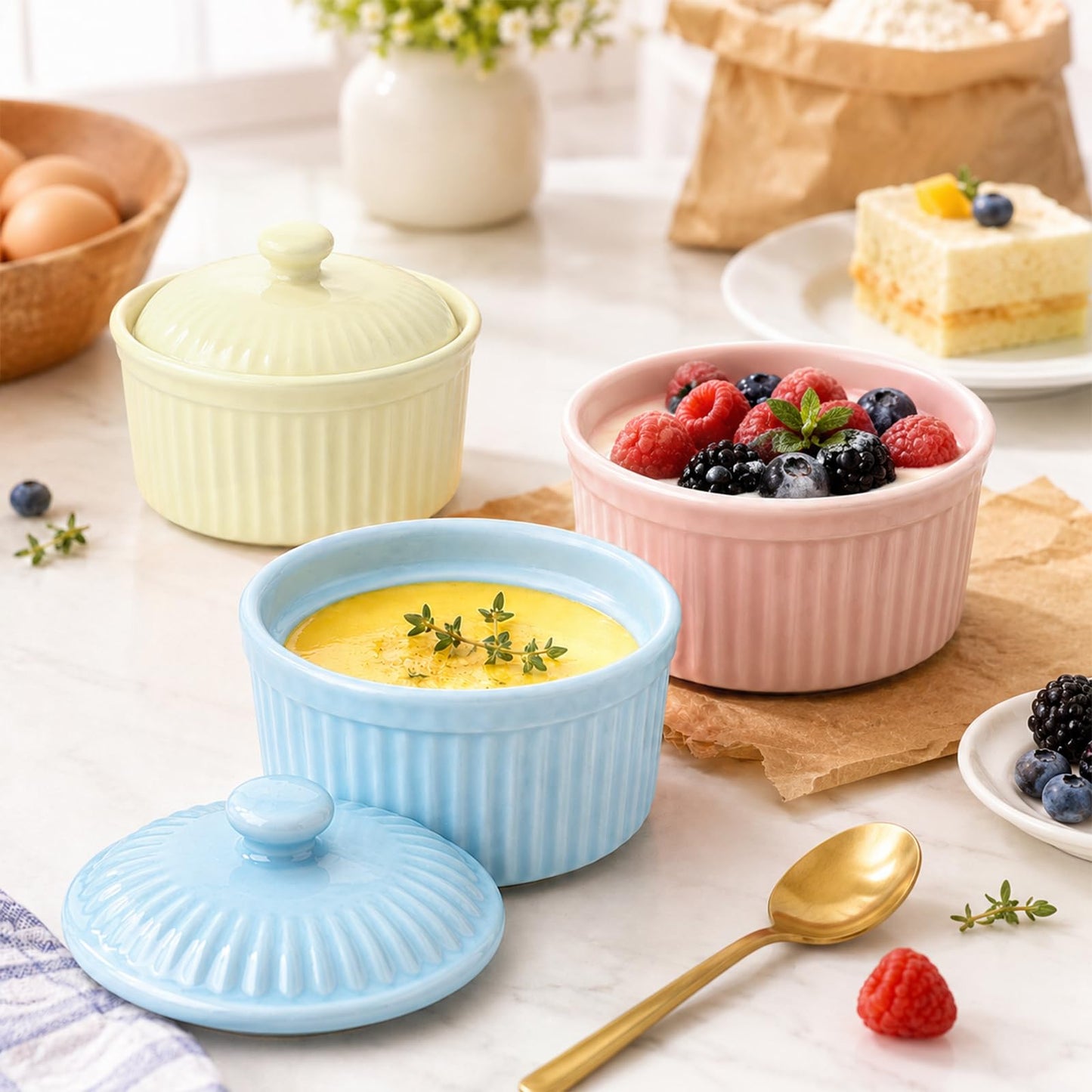 Meltset 5.5 Oz Ramekins with Lids Oven Safe Ceramics Ramekin Bowls for Baking, Porcelain Bake Dishes for Souffle, Creme Brulee, Lava Cake, Ice Cream Desserts, Snacks (Set of 5）