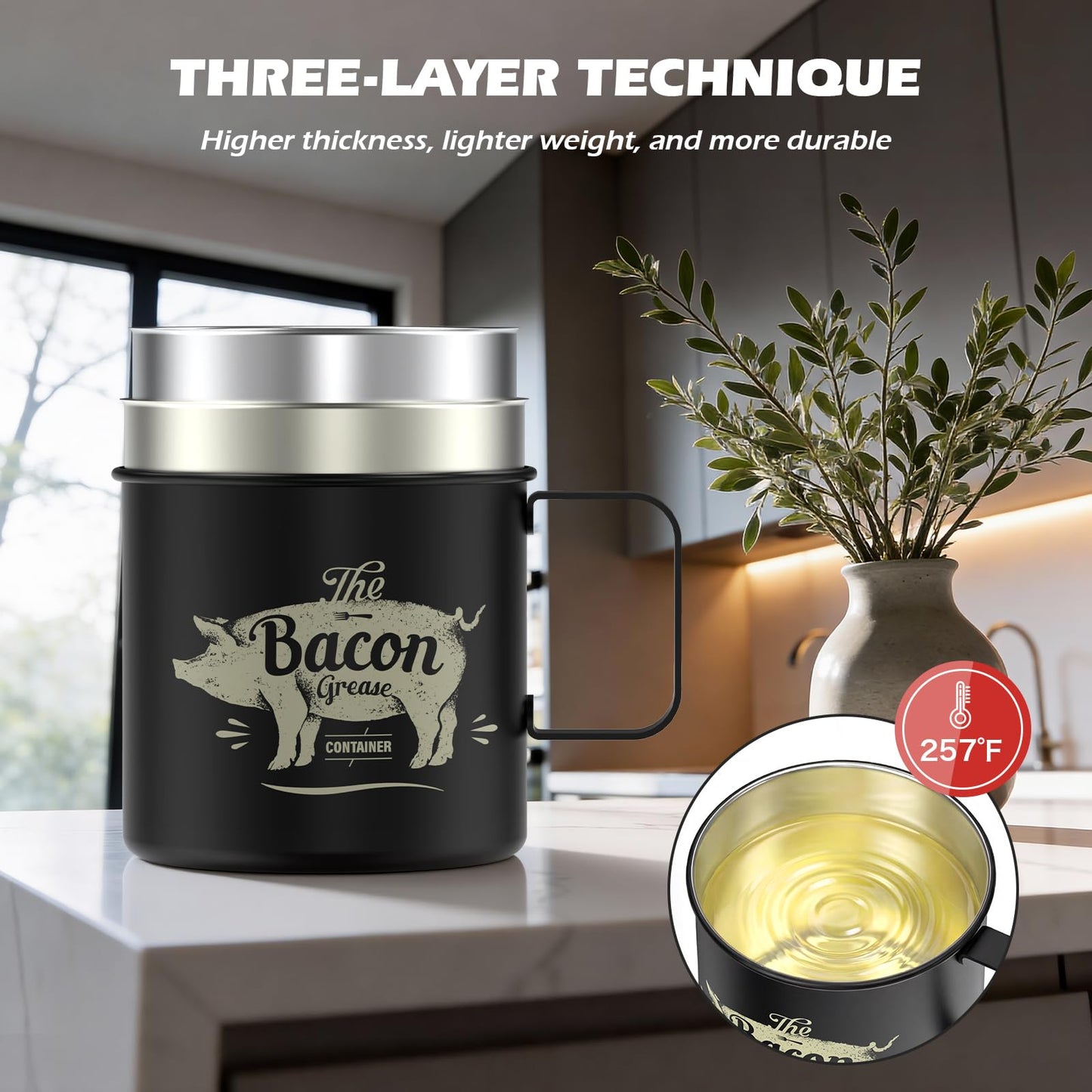 PGYARD Mini Bacon Grease Saver With Strainer - 20 OZ Stainless Steel Oil Container, Farmhouse Bacon Grease Keeper For Kitchen Fat Storage, Dishwasher Safe-Black
