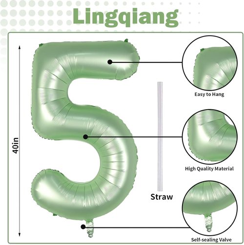 Helium Foil Number 5 Balloon - Sage Green Giant 40" Birthday Decoration for Boys & Girls
