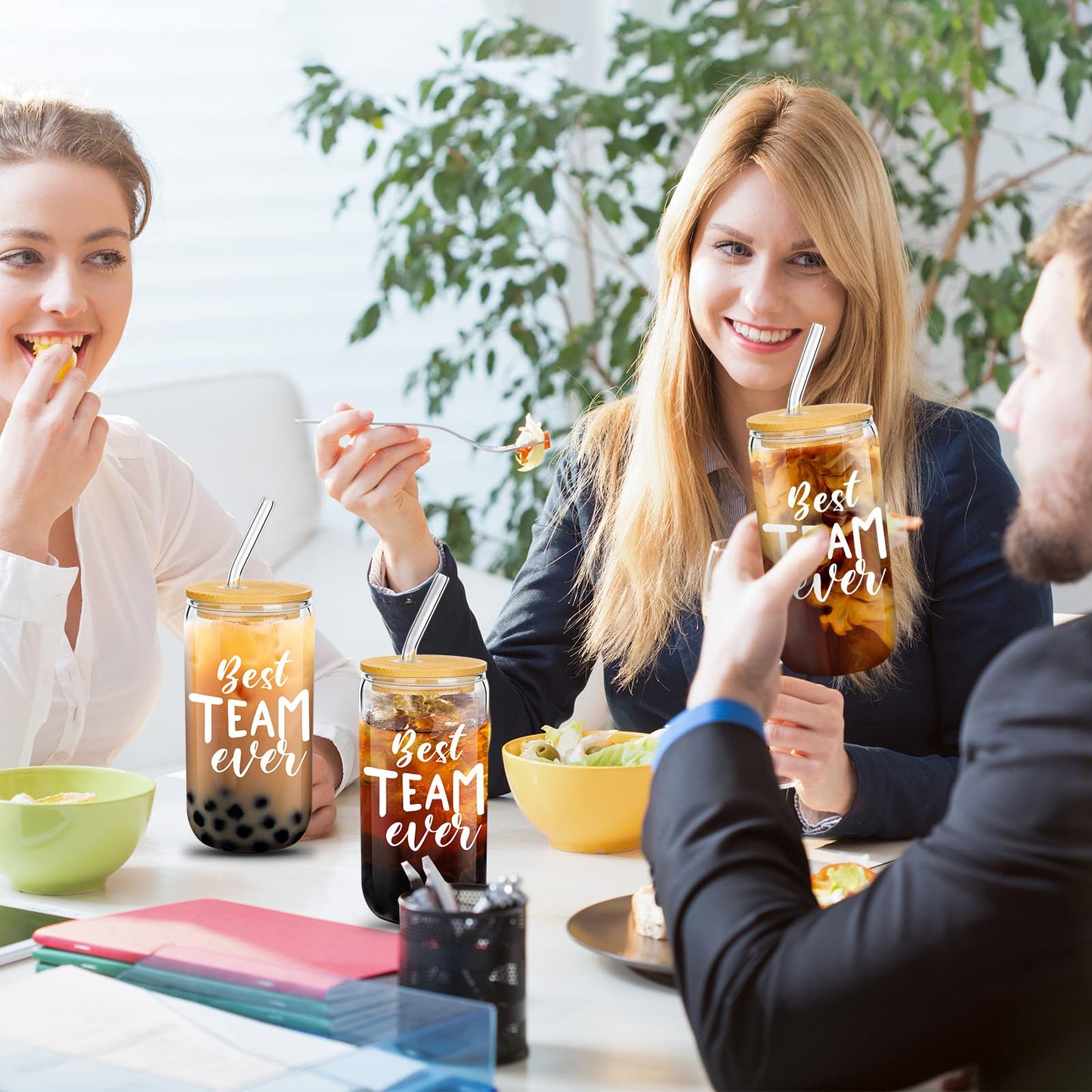 Purpeak 12 Set Employee Appreciation Gifts Thank You Gifts for Staff Coworker Thank You Glass Cups 16 oz Can Shaped Beer Glass with Lids Straws Brushes for Teacher Nurse(Best Team Ever)