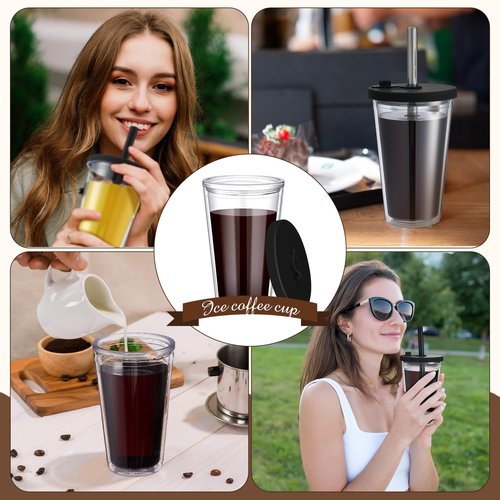 Honeydak 4 Pack 16 oz Reusable Iced Coffee Cups with Lids and Straws Leakproof Double Wall Insulated Clear Plastic Iced Coffee Tumblers with Straw Brushes
