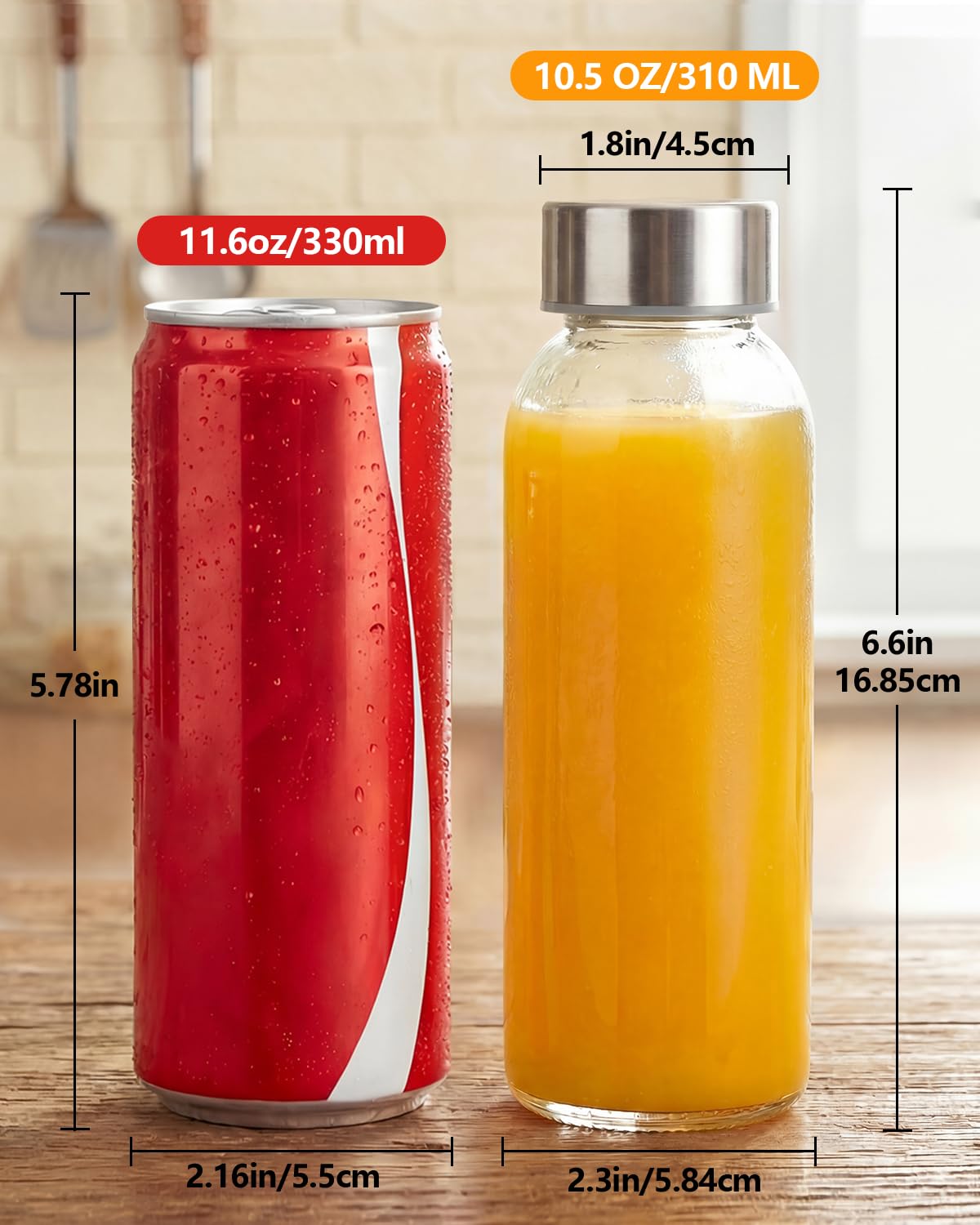Zukro Glass Water Bottles with Lids 10.5 oz, 8 Pack Clear Reusable Glass Small Juice Bottles With Stainless Steel Cap for Juicing, Milk, Ginger Shot, BPA-Free Leak Proof 300ml Drinking Container Jar