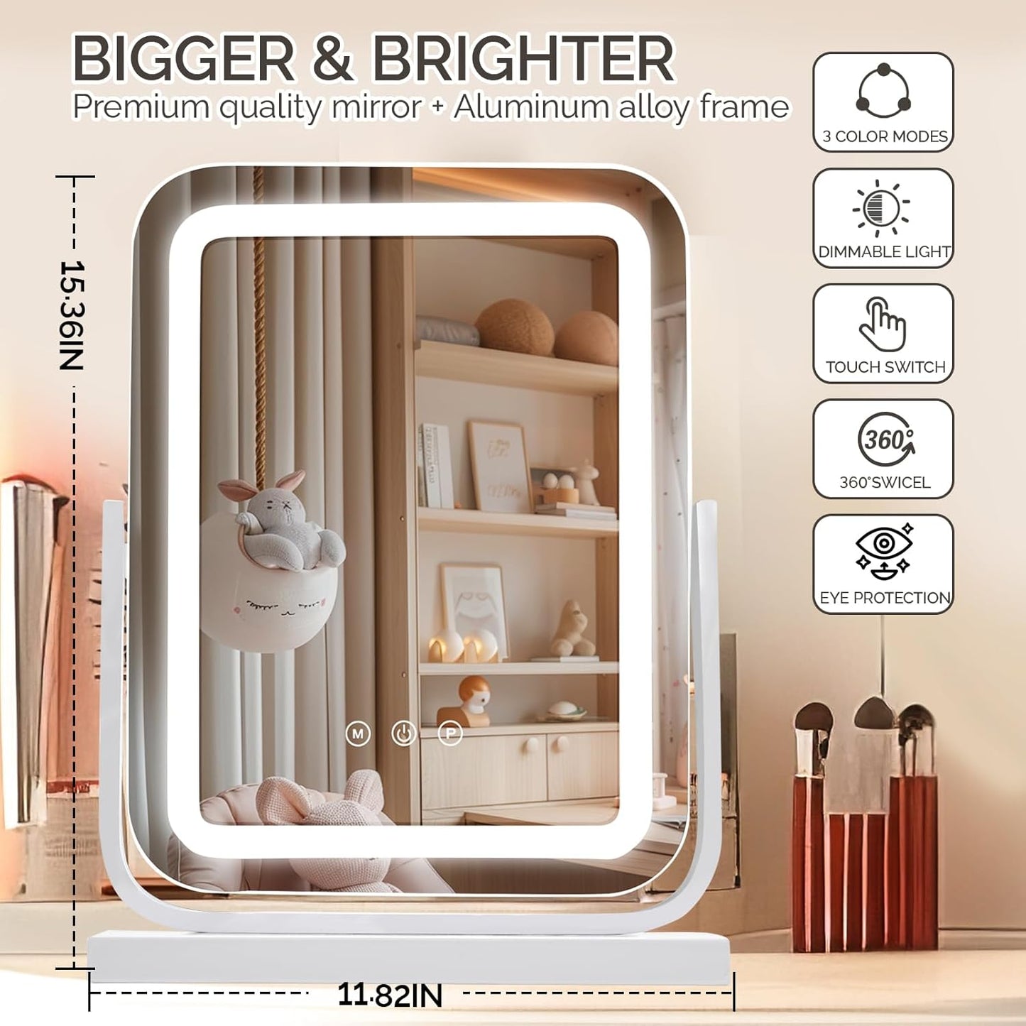 Vanity Mirror with Lights, 12"×15.5" LED Makeup Mirror with Lights, Lighted Makeup Mirror for Bedroom Tabletop, Smart Touch Control, Dimmable 3 Modes Light, 360° Rotation (White)