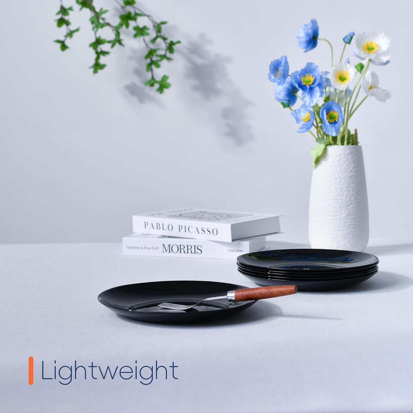 LaGlint 8.5-Inch Salad Plate Set of 6 | Lightweight Opal Glass Black Plates | Dishwasher & Microwave Safe