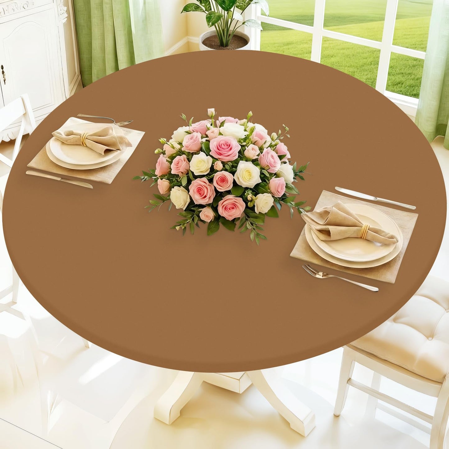 Moosfor Round Spandex Tablecloth, Elastic Fitted Waterproof Tablecloths for 57"-68" Tables, Stretch Washable Picnic Table Cover for Camping, Dining, Indoor and Outdoor,Brown