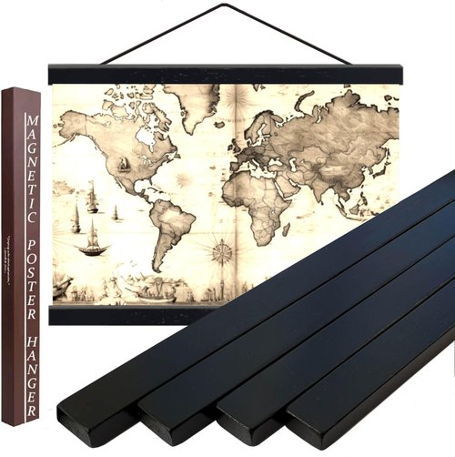 DACRI HOME 52" Magnetic Poster Hanger Frame - Sturdy Teak Wood Poster Frame 52x20 52x32 52x36, Strong Magnets for Easy Hanging Map Picture Canvas Print Scroll Wall Art (52 Inch, Black)
