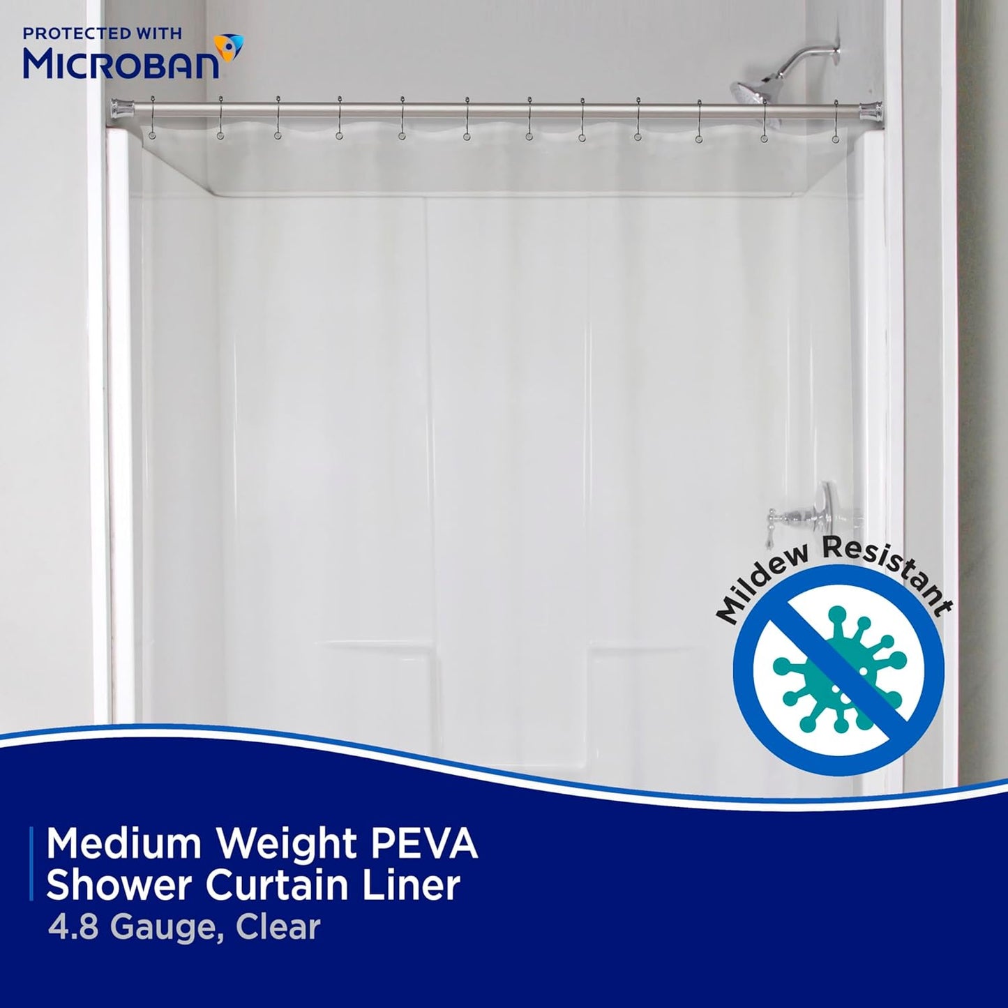 Kenney – Waterproof PEVA Shower Curtain Liner | Medium-Weight Design with Rust-Resistant Grommets, 70" x 72", Clear