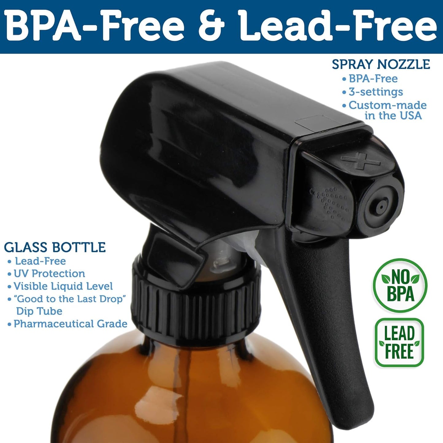 Sally's Organics Amber Glass Spray Bottles - 16oz Refillable 2-Pack for Essential Oils & Cleaning Solutions - Durable Nozzle