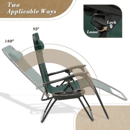 Athena Collection Zero Gravity Lounge Chair Set of 2 - Reclining Pool Chairs with Cup Holder | Green