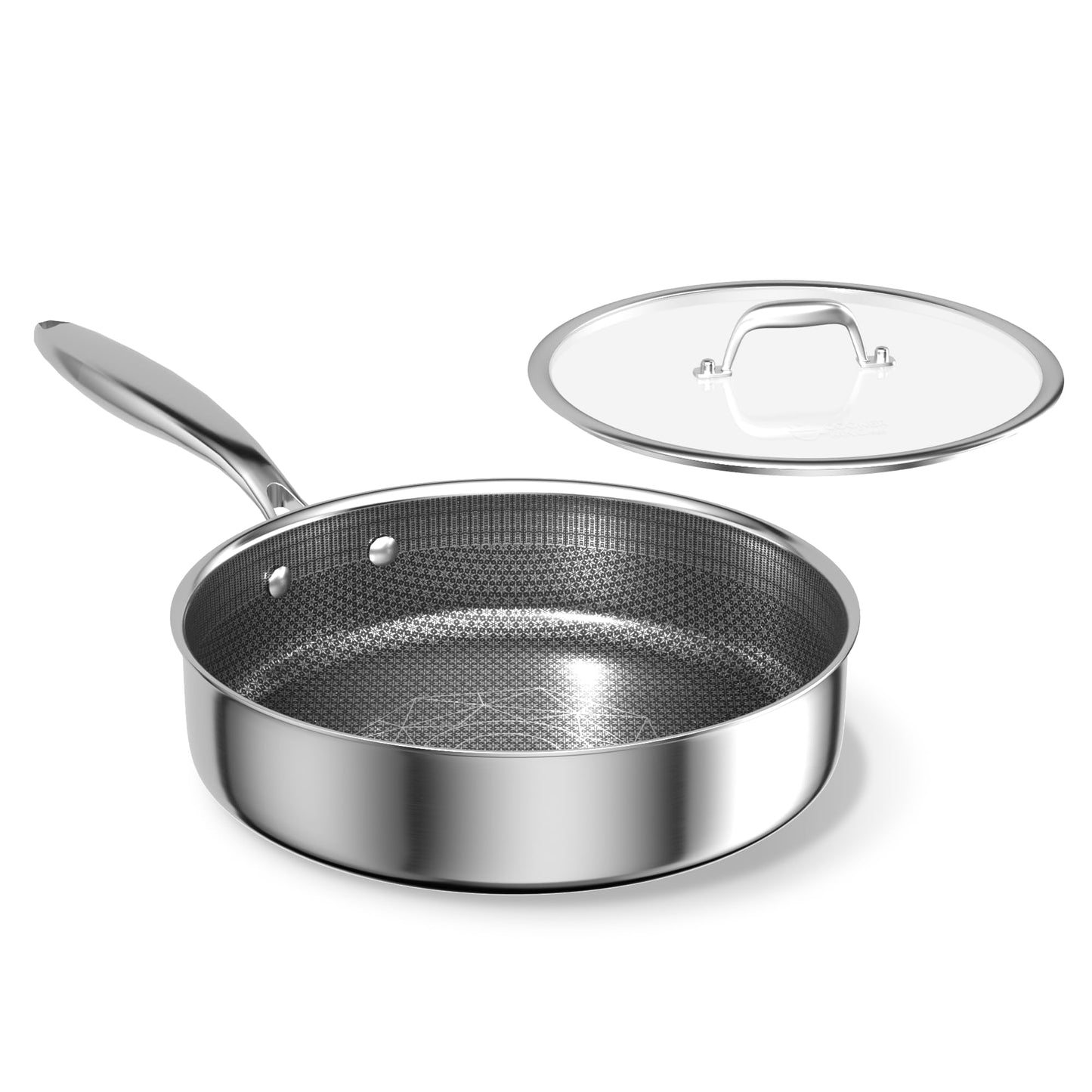 COOKER KING 3.6-Quart Hybrid Stainless Steel Sauté Pan with Lid, 10" Tri-Ply Clad Deep Frying Pan, Non-Stick & Non-Toxic Skillet for Egg, Cake, Seafood, Induction Compatible, Oven & Dishwasher Safe