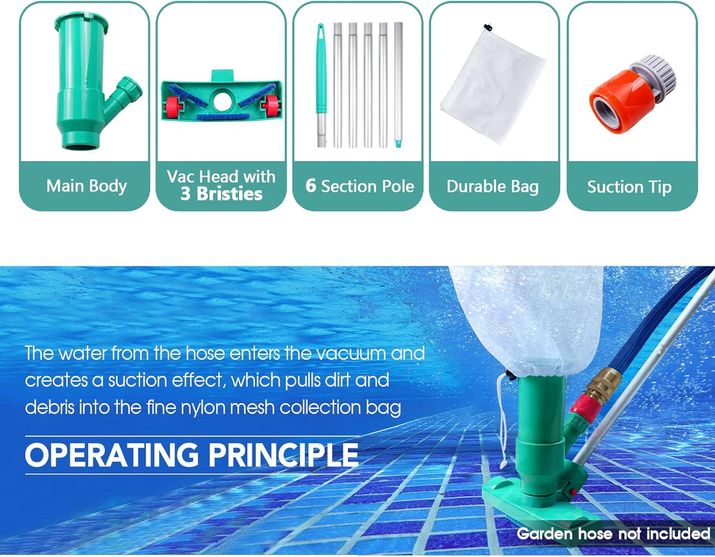 POOLWHALE Portable Pool Vacuum - Jet Underwater Cleaner with Brush & 6-Section Pole (56.5") for Above Ground Pools, Spas & Fountains