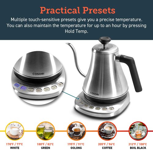 COSORI Gooseneck Electric Kettle with 5 Variable Presets, Pour Over & Coffee maker, 100% Stainless Steel Inner Lid & Bottom, 1200 Watt Quick Heating, 0.8L, Silver
