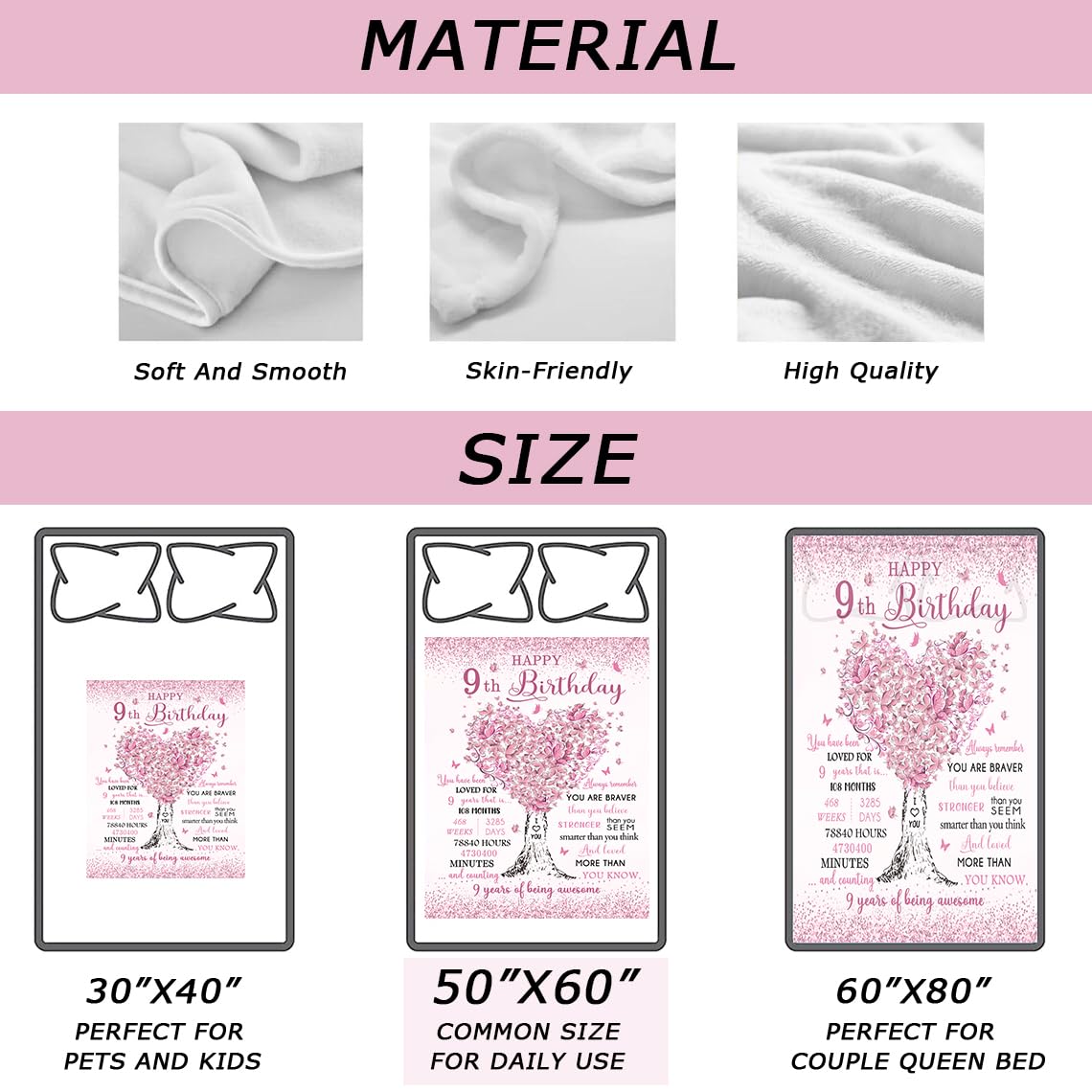 Mubpean Gifts for 9 Year Old Girls Blanket 60"x50", 9-Year-Old Girl Gifts, Birthday Gift Ideas, 9th Birthday Gifts for Girls, Best Party Decoration for Age 9, Nine Years Old Present Throw Blankets