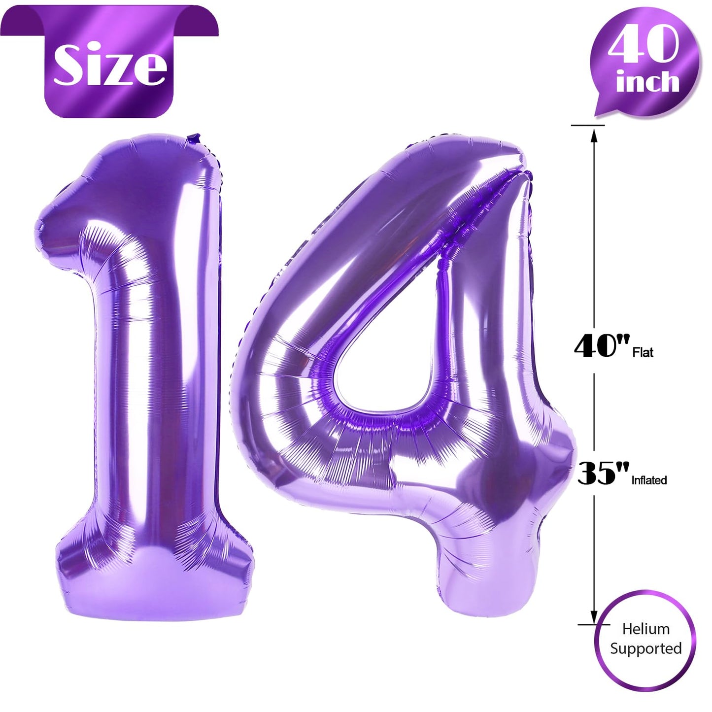 Purple Number 14 Balloon 40 inch, 14 Number Balloons, 14th Purple Birthday Decorations, 14 Year Old Girls Boys Party Supplies