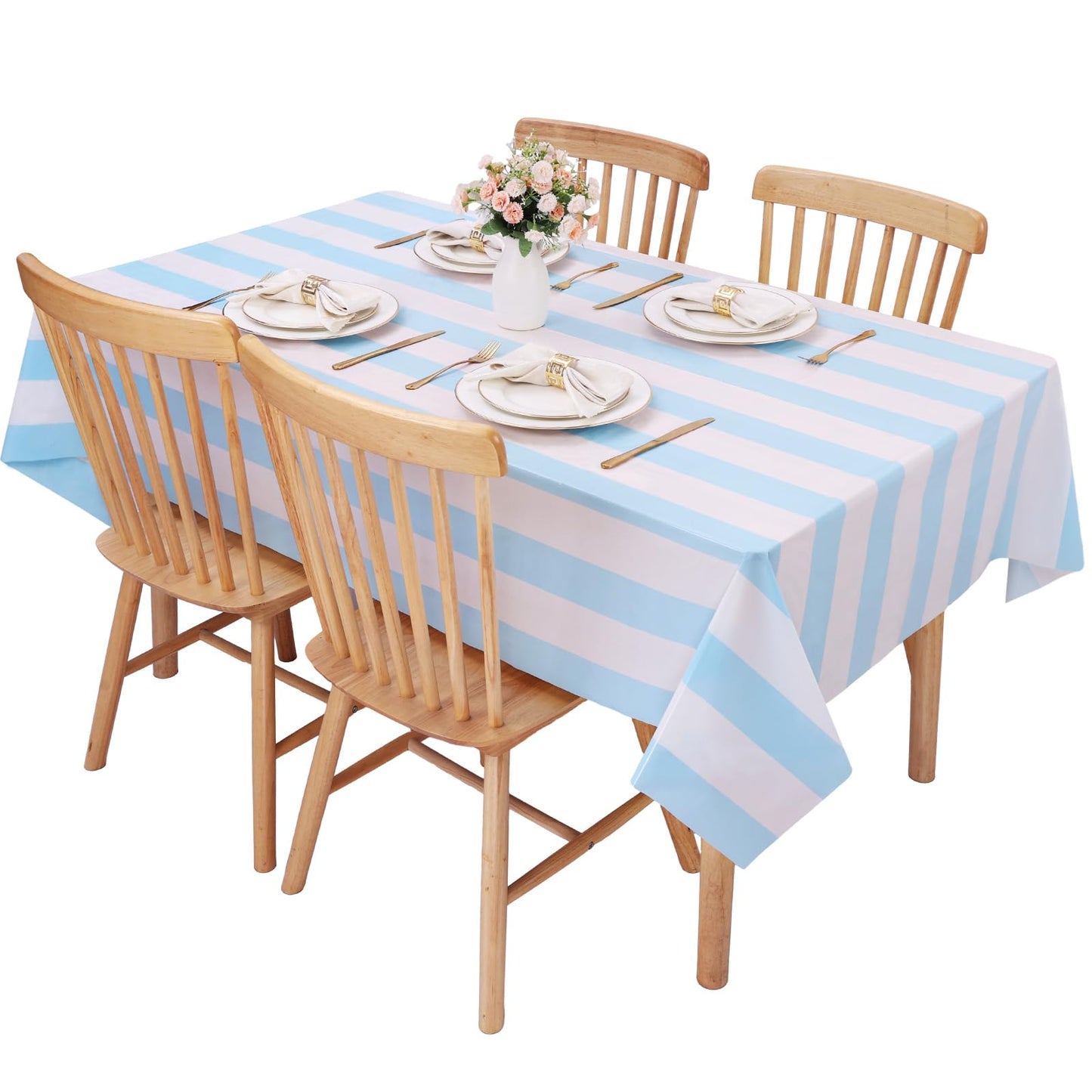 Kesfey 3 Packs Light Blue and White Vertical Striped Table Cloth 54 x 108 Inches Bluey Stripe Table Cover Disposable Plastic Beach Tablecloths Waterproof Rectangle Picnic Tablecover for Birthday Party