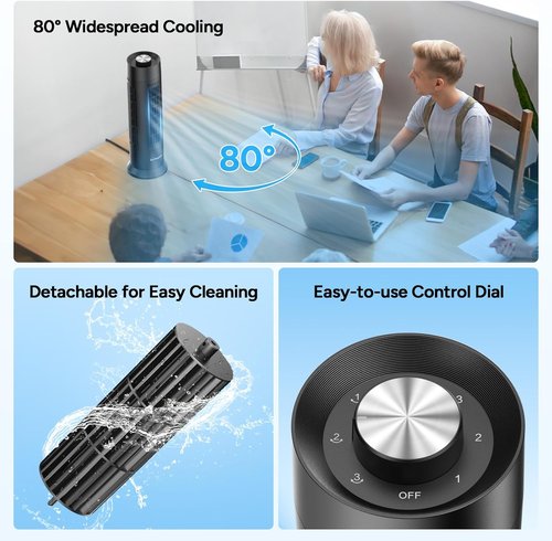 Dr.Prepare Tower Fan - 28 dB Quiet Bladeless Design | 3 Speeds, 80° Oscillation, 16 Inch Portable Fan - Black