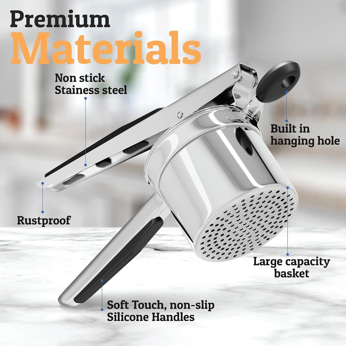 PriorityChef 15oz Potato Ricer - Heavy Duty Stainless Steel Kitchen Tool with 3 Discs for Perfect Mashed Potatoes | Black