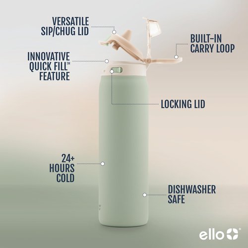 Ello Pop & Fill 22oz Stainless Steel Water Bottle with Quick Fill Technology, Double Walled and Vacuum Insulated Metal, Leak Proof Locking Lid, Sip and Chug, Reusable, BPA Free, Pistachio