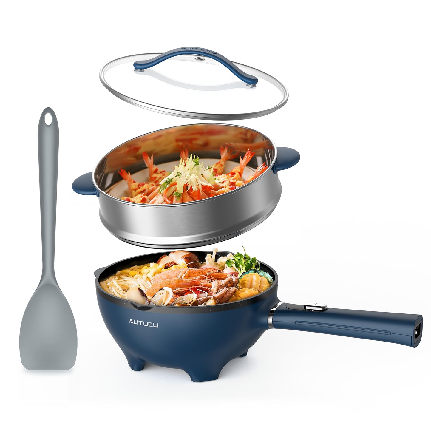 AUTUCU 3-Quart Electric Hot Pot & wok Nonstick with Steamer | Electric Skillet 1200W for Dorm, Home, Gifts (Includes Silicone Spatula) Multi-Cooker