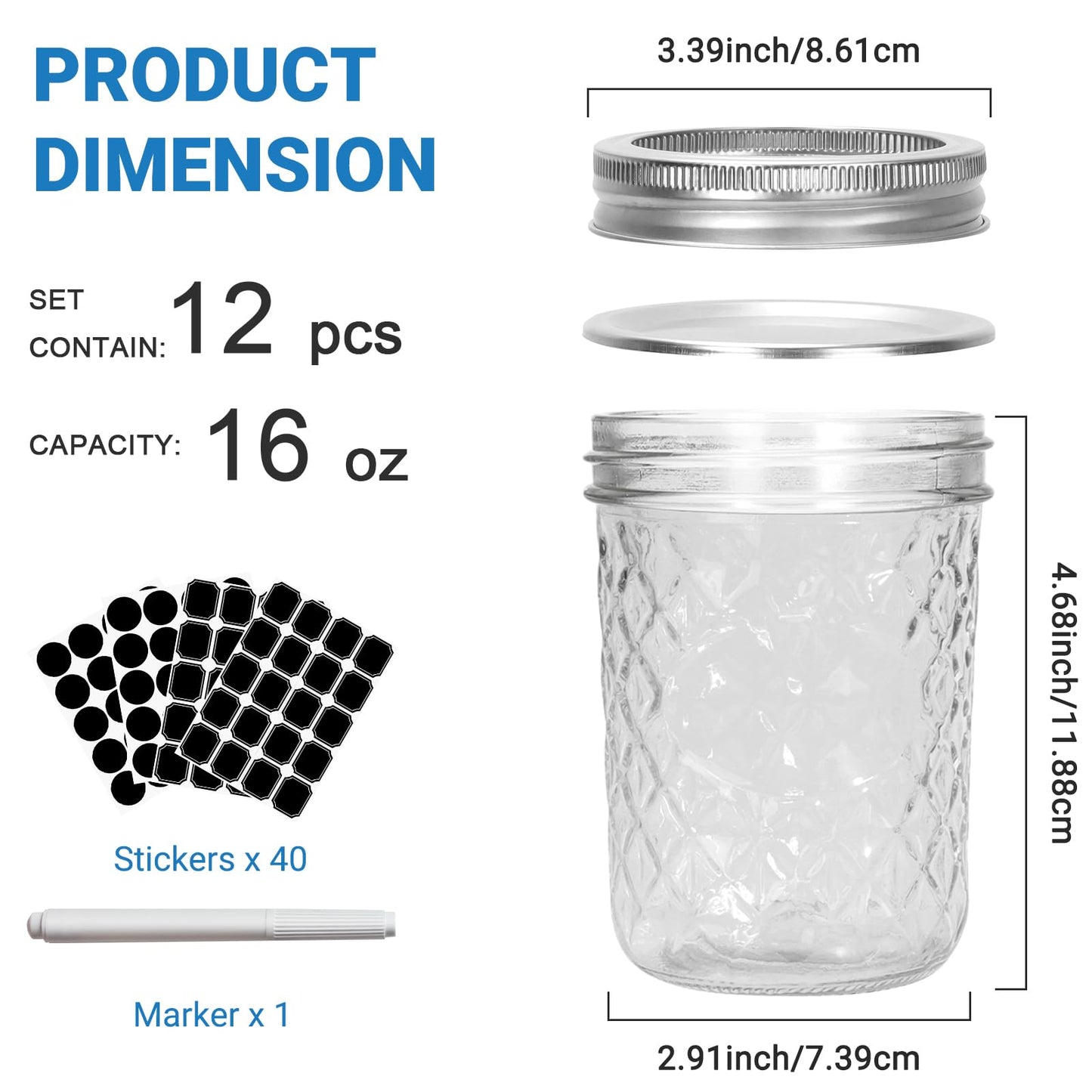 Keketin Glass Mason Jars with Lids,16 oz Wide Mouth,12 Pack Diamond Canning Jars with Airtight Lids and Bands,500ml Food Storage Containers for Preserving,Pickling,Canning