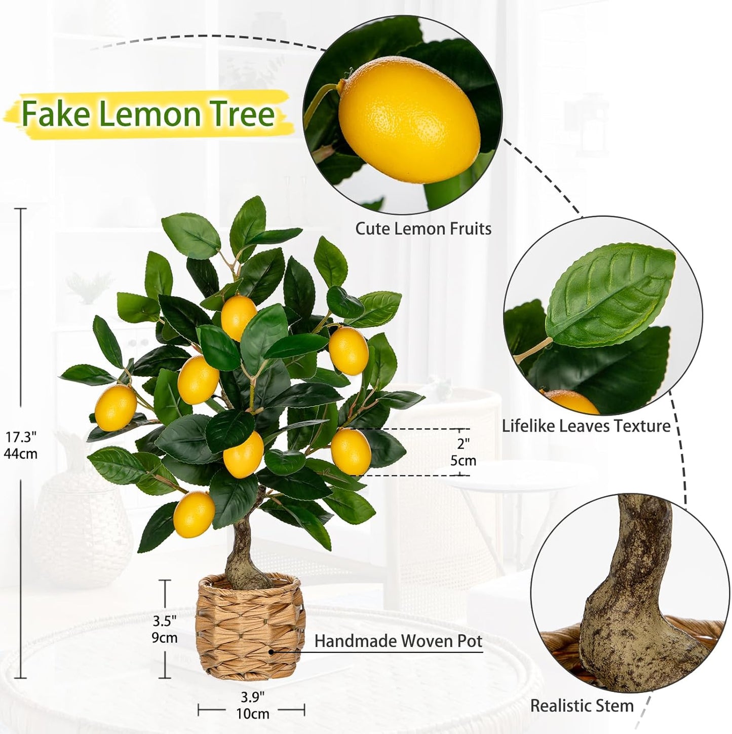 Skiennix Artificial Potted Lemon Tree - 17.3-Inch Faux Citrus Plant with Woven Pot for Home & Office Decor