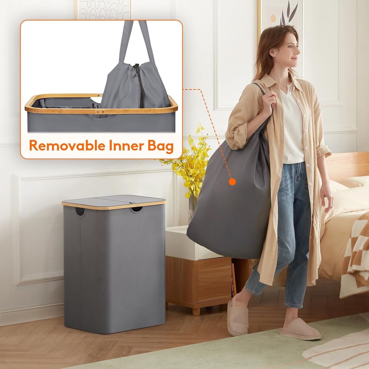 Lifewit 150L Laundry Basket - Foldable Hamper with Lid & Bamboo Handles | 2 Removable Bags, Grey