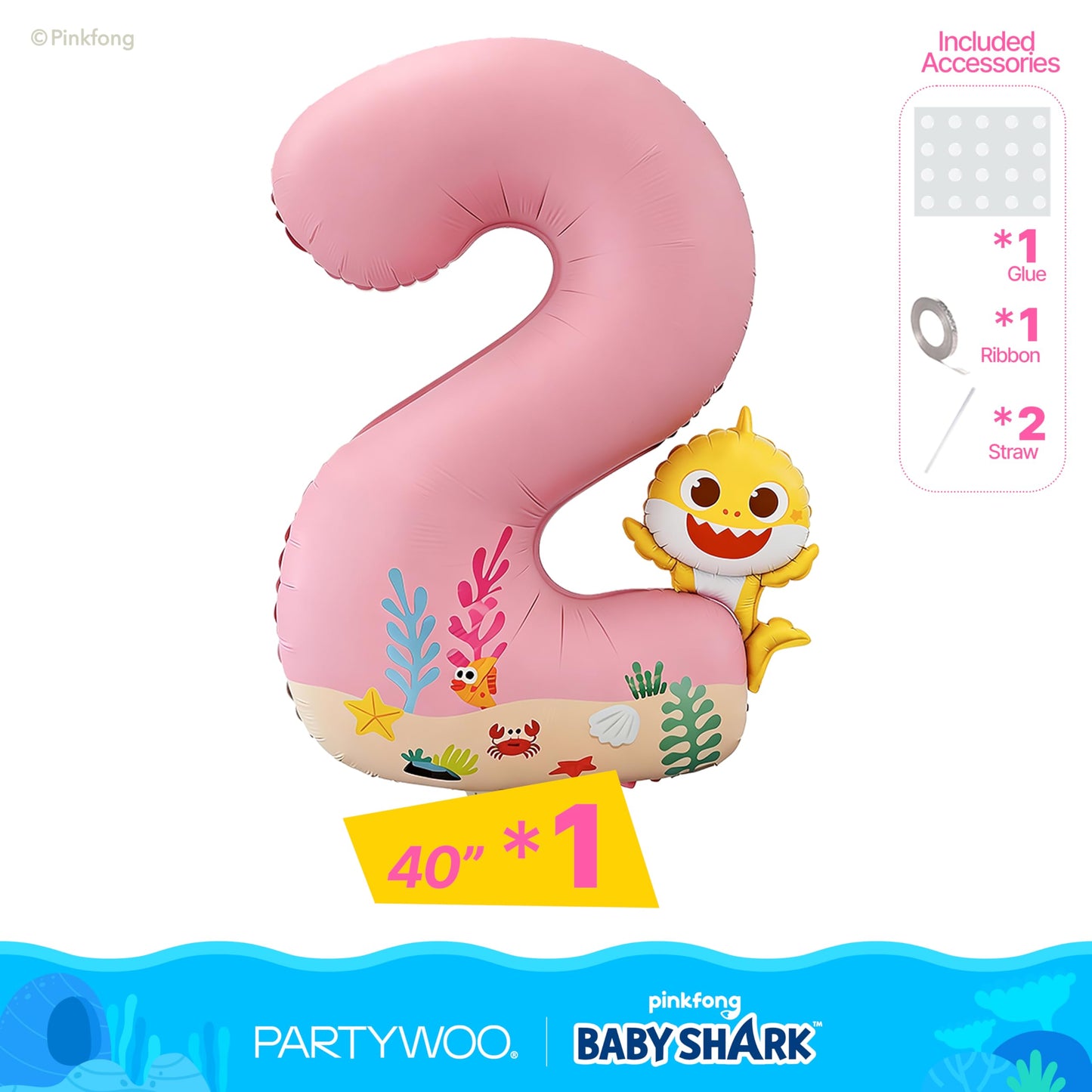 PartyWoo Baby Shark Pink Foil Number 2 Balloon 40 Inch Pink Mylar Helium Birthday Number Balloons for Girls and Boys Baby Shark Under the Sea Ocean Theme Kids Second Birthday Party Decorations