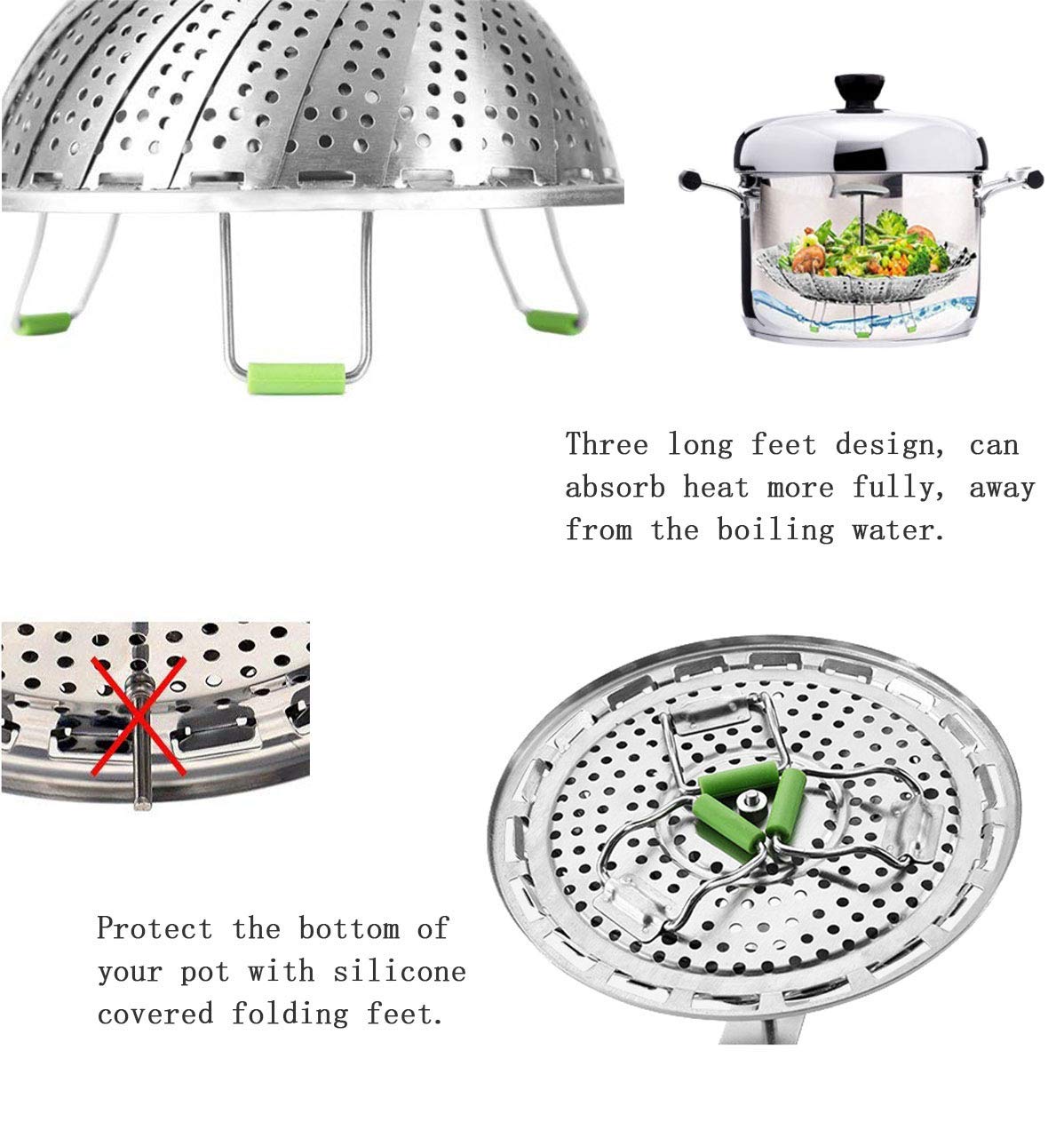 Stainless Steel Veggie Steamer Basket with Folding Handle - Expandable to Fit Pots 6.4" to 10"