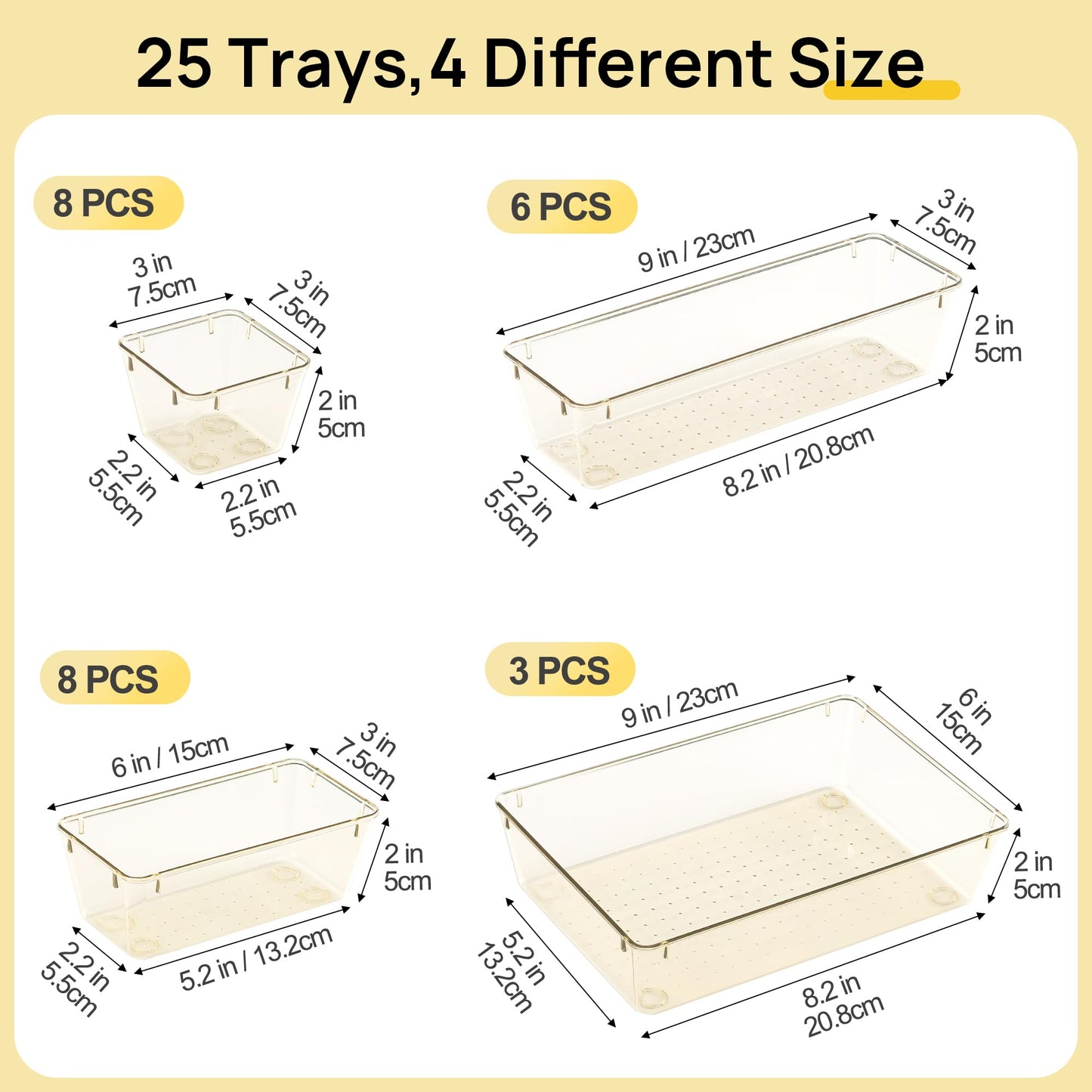 Vtopmart 25 PCS Clear Plastic Drawer Organizers Set, 4-Size Versatile Bathroom and Vanity Drawer Organizer Trays, Storage Bins for Makeup, Bedroom, Kitchen Gadgets Utensils and Office
