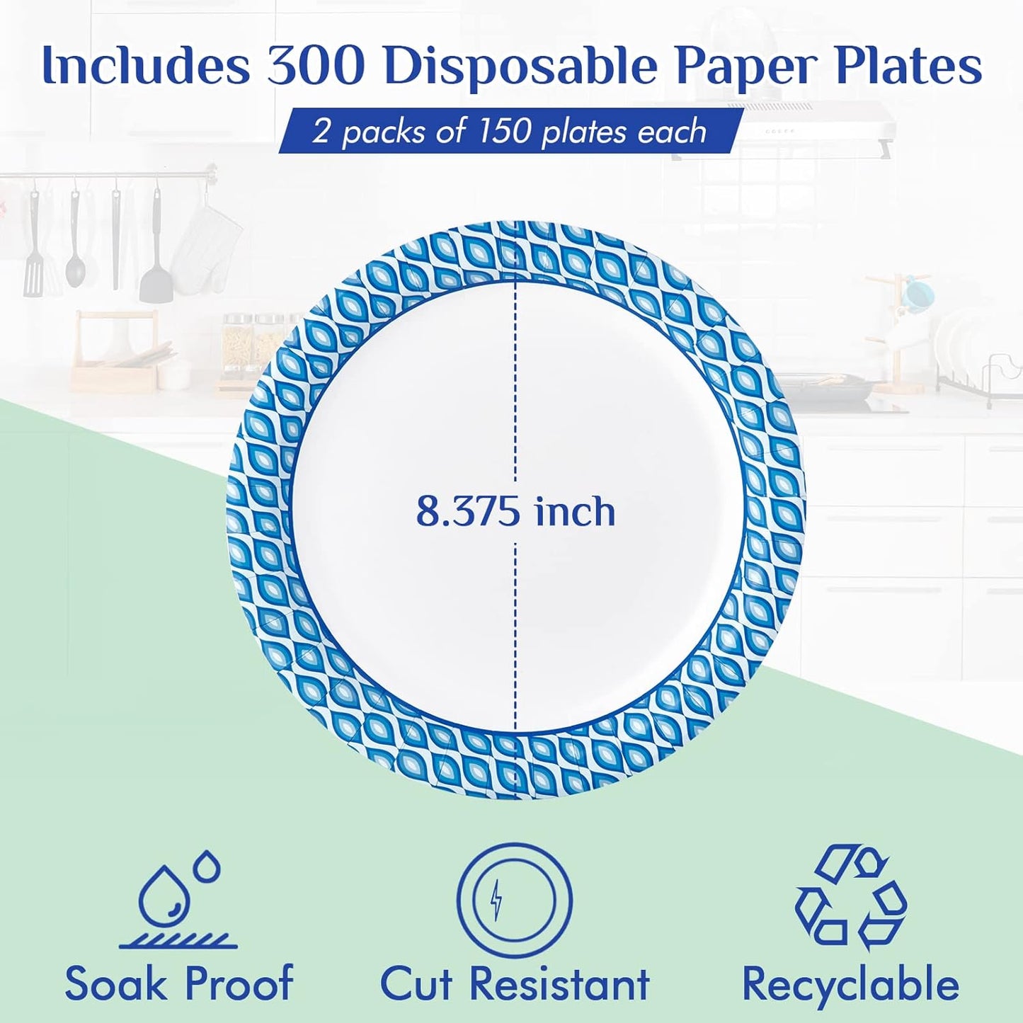 MUCHII Disposable Paper Plates - 8.375 Inch, 300 Count, Soak & Cut Proof | Perfect for Parties & Gatherings