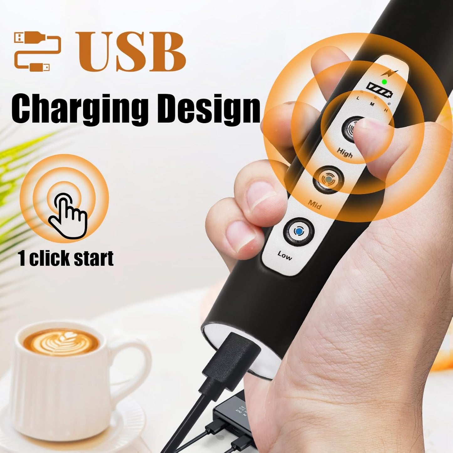 Nahida Black Milk Frother Wand - Handheld Electric Whisk Mixer with 3 Heads & 3 Speeds for Lattes, Cappuccinos & Hot Chocolate