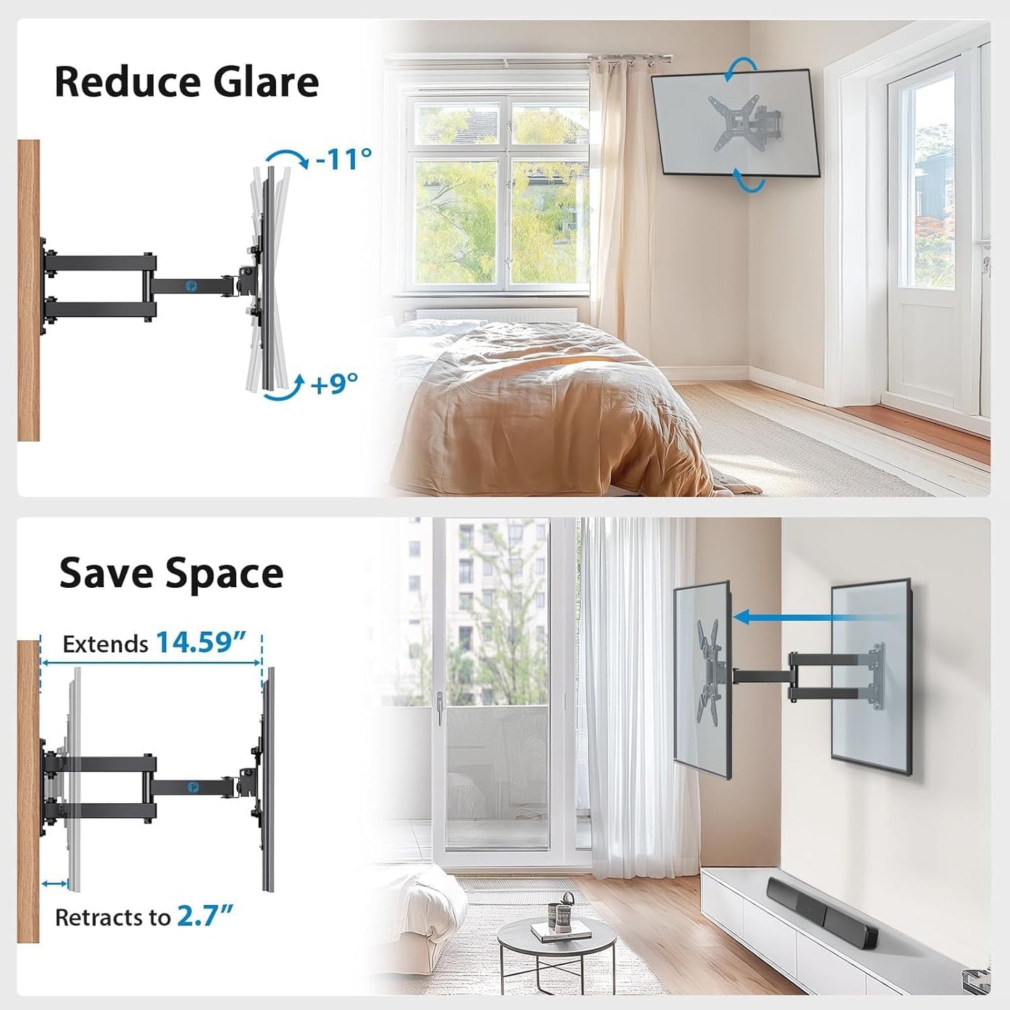 Pipishell Full Motion TV Wall Mount - Fits 13-43 Inch TVs & Monitors | Max VESA 200x200mm, 44lbs Capacity